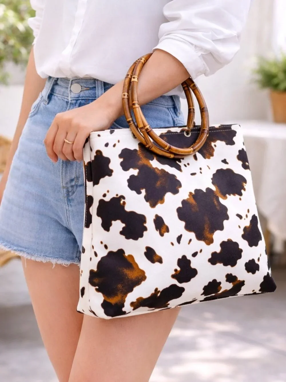 Cow Print Handbag Bamboo Handle Purse Womens Western Collapsible Top Handle Bag